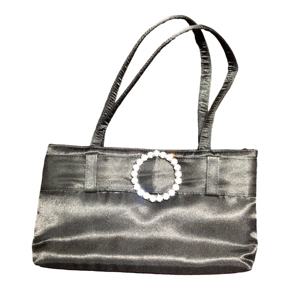 Black Satin Evening Bag for Women Handled Purse with Embellished Crystals Buckle - Picture 9 of 9